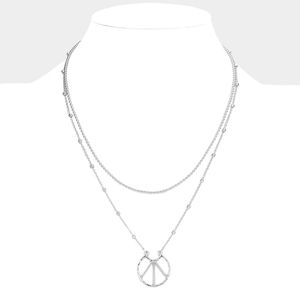 Silver Peace Sign Charm Pendant Necklace Double Layered Statement Jewelry Chain